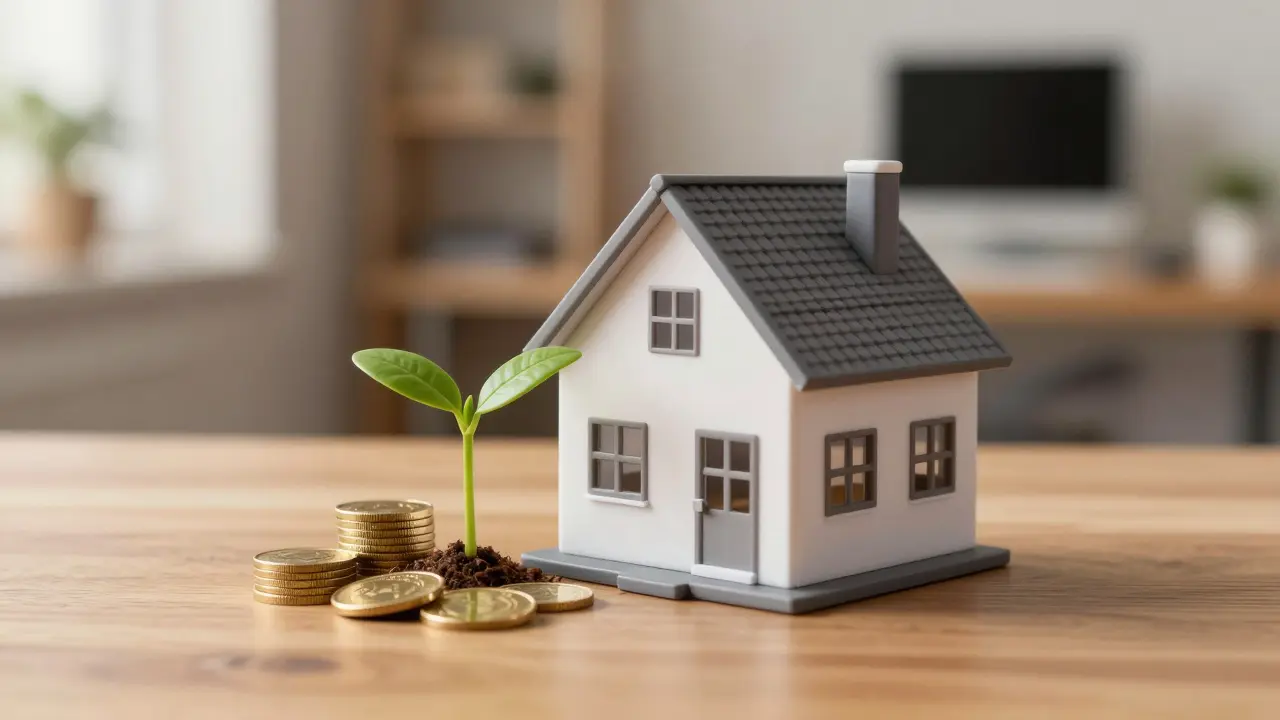 Modell eines Energieeffizienzhauses mit Münzen und einer Pflanze als Symbol für Förderung und Wachstum.