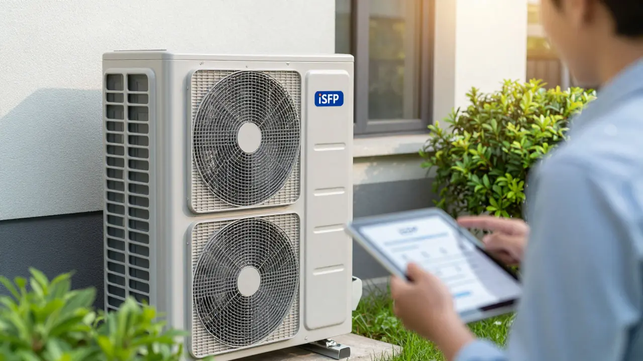 Moderne Wärmepumpe im Außenbereich eines Hauses mit einem Energieberater im Hintergrund.