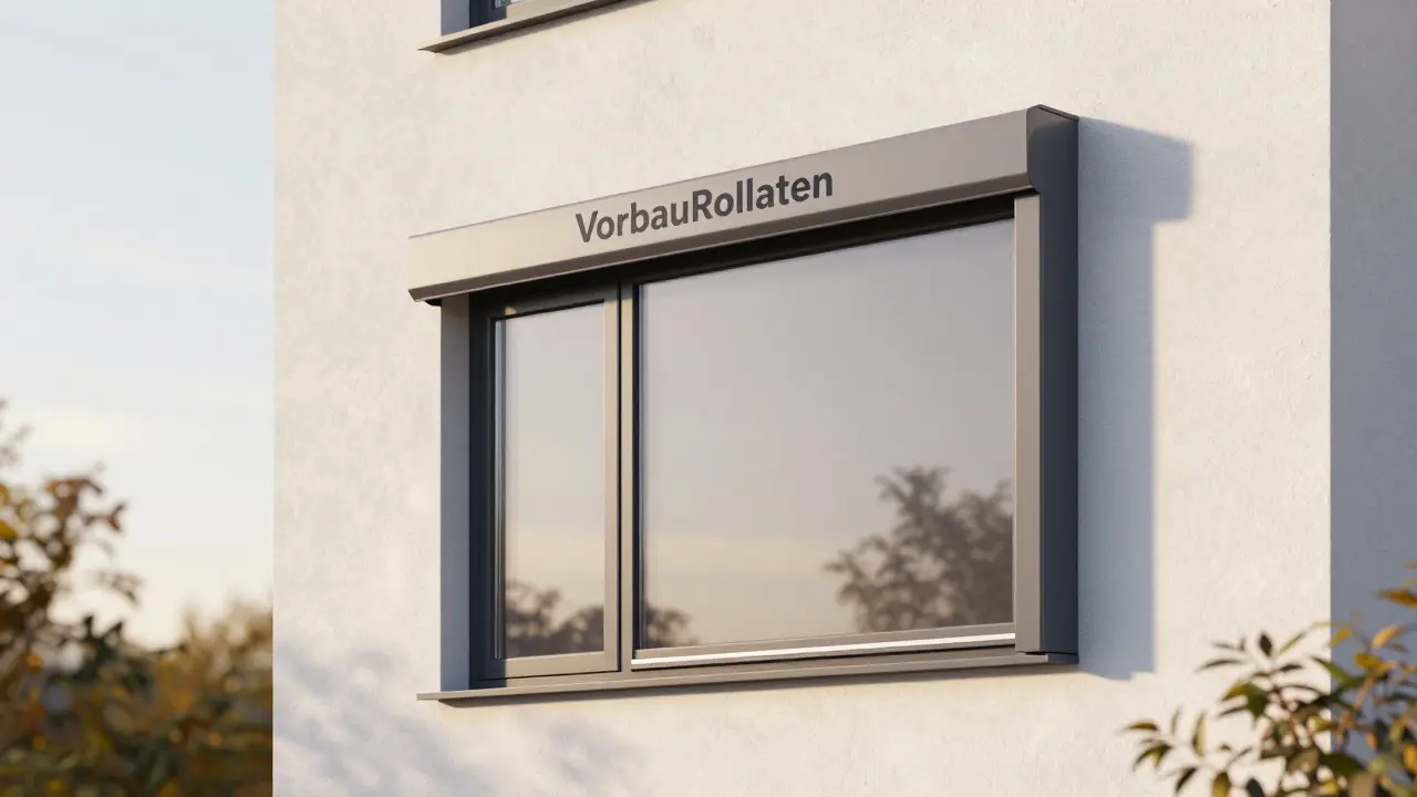 Moderner Vorbaurollladen an einer weiß verputzten Hausfassade für maximale Energieeffizienz.