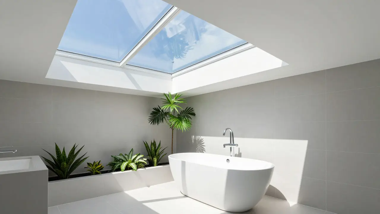 Modernes Badezimmer mit einem großen Oberlicht in der Decke und hellem, direktem Sonnenlicht.