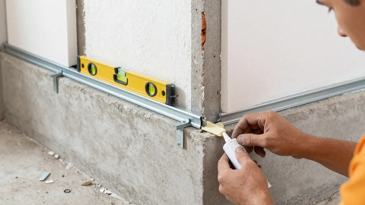 Montage einer Halteleiste im Sockelbereich einer Fassade mit Wasserwaage.
