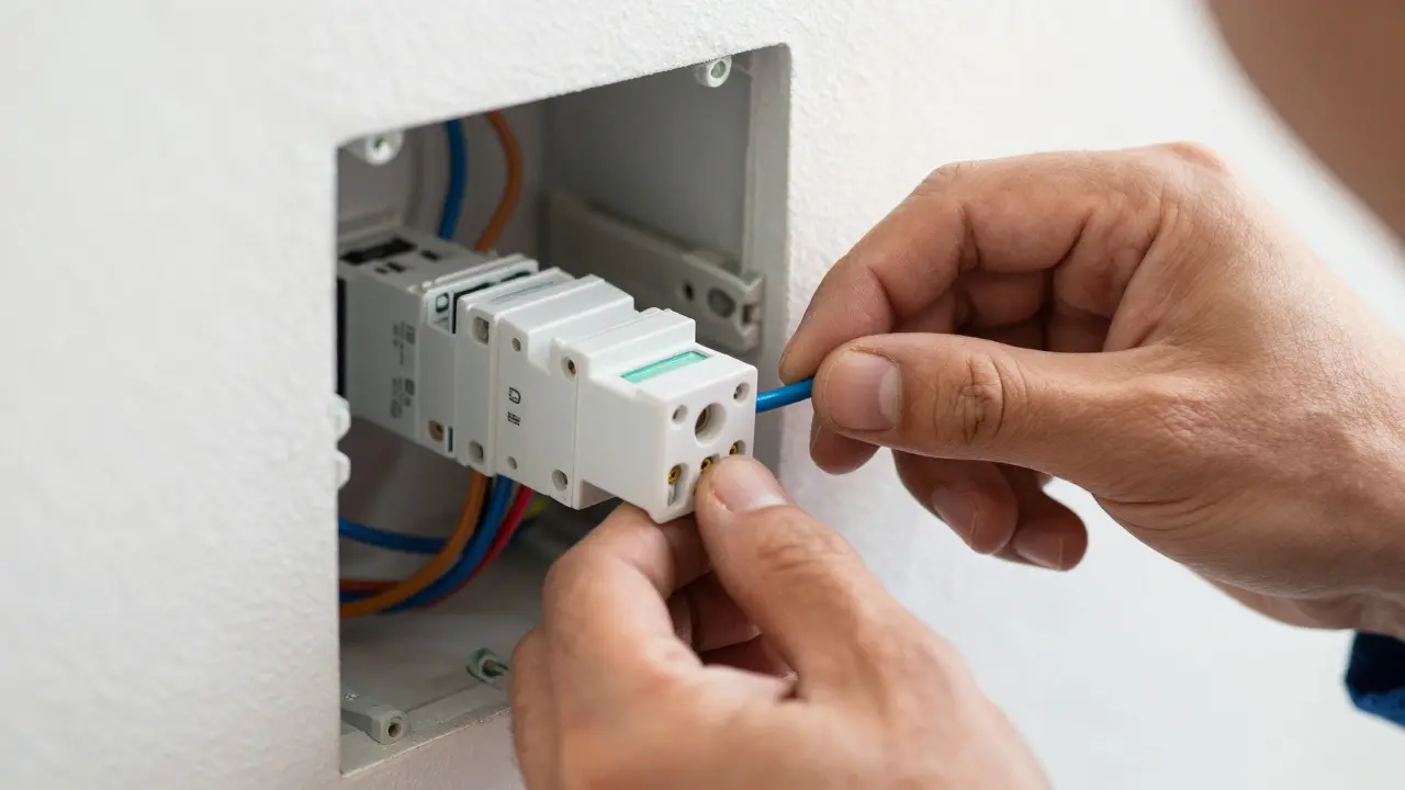 Nahaufnahme eines Unterputzmoduls, das in einer Schalterdose installiert wird