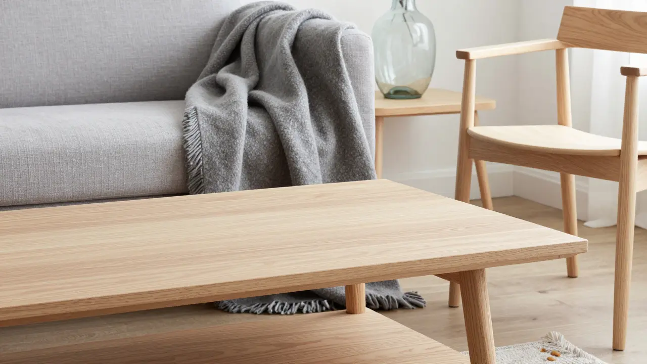 Nahaufnahme von hellen Holzmöbeln, einer grauen Wolldecke und recyceltem Glas.