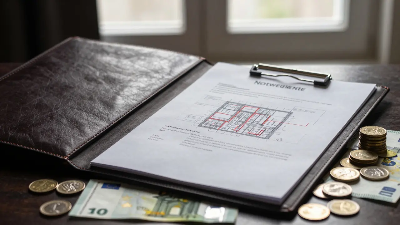 Notarvertrag, Lageplan und Euro-Münzen zur Symbolisierung der Kosten für Wegerechte.