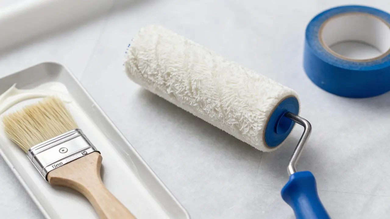 Professionelle Malerrolle, Flachpinsel und Farbgitter mit weißer Farbe.