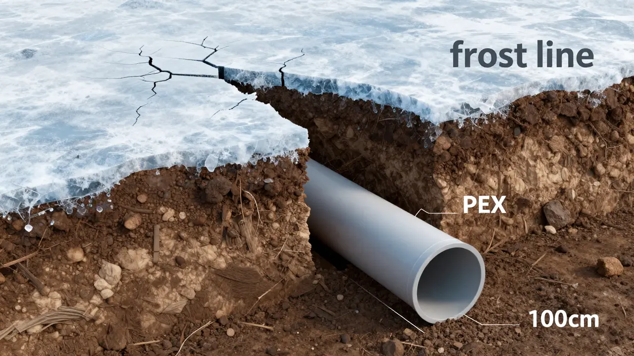 Querschnitt durch den Boden mit einer frostsicher tief verlegten Wasserleitung