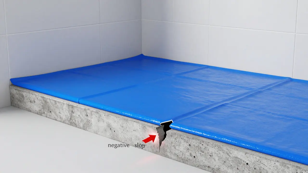 Querschnitt einer Duschabdichtung mit einer Leckage im Untergrund.