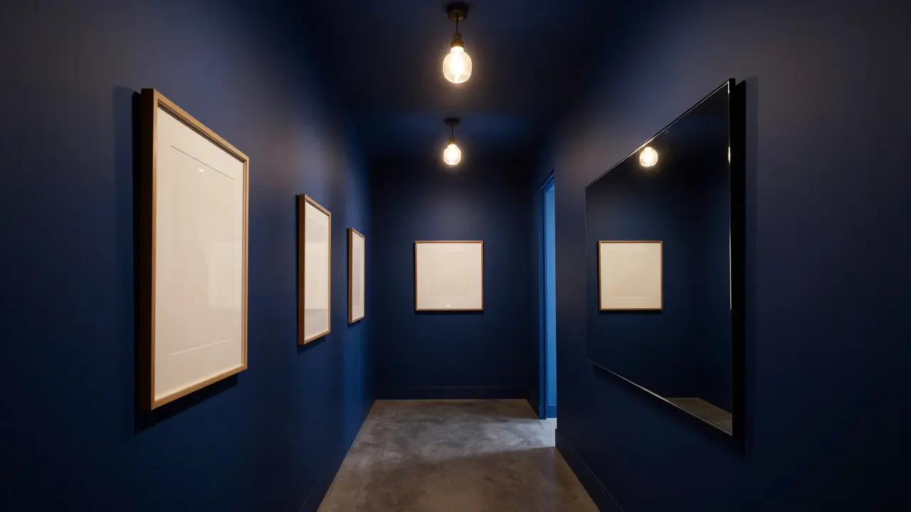 Schmaler Flur mit tiefblauen Wänden, einer Reihe von Pendelleuchten und einer Galerie aus Bildern.
