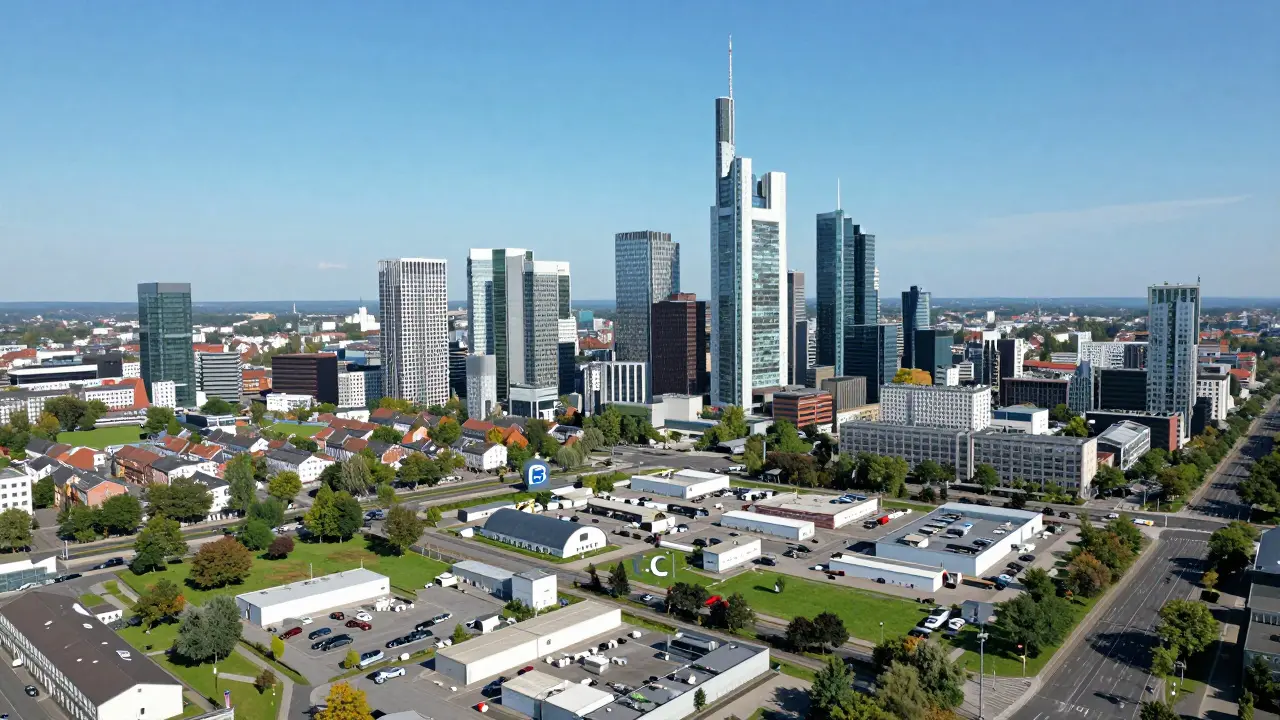 Stadtlandschaft in Deutschland mit einer Mischung aus Metropole und Logistikzentrum.