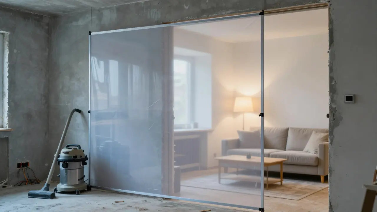 Staubschutzwand trennt eine aktive Baustelle von einem sauberen Wohnbereich.