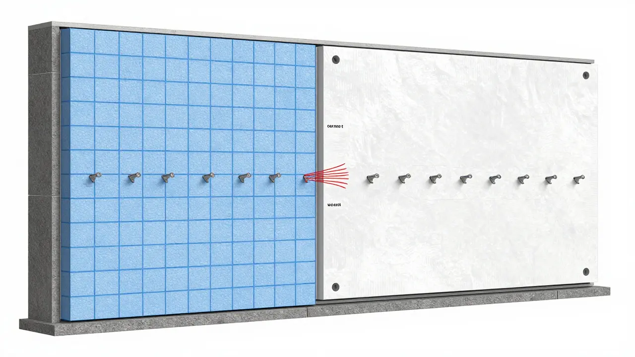 Technischer Querschnitt einer Fassadendämmung mit korrektem und falschem Dübelraster.