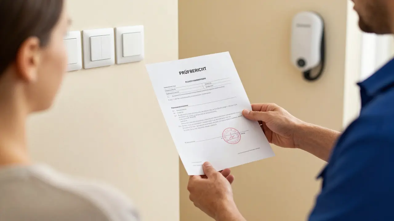 Übergabe eines offiziellen VDE-Prüfberichts durch einen Elektriker an einen Kunden.