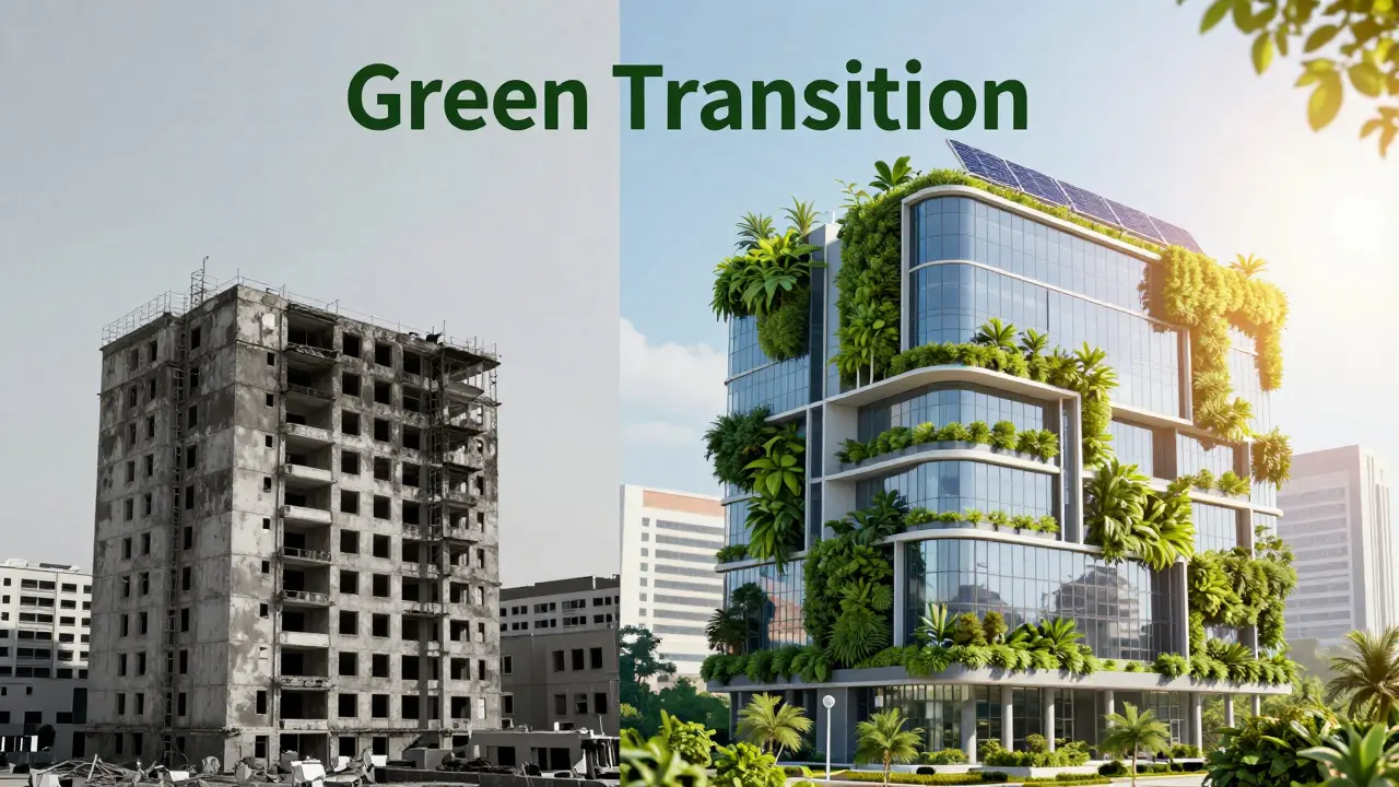 Vergleich eines alten Gebäudes mit einer modernen, nachhaltigen ESG-Immobilie.