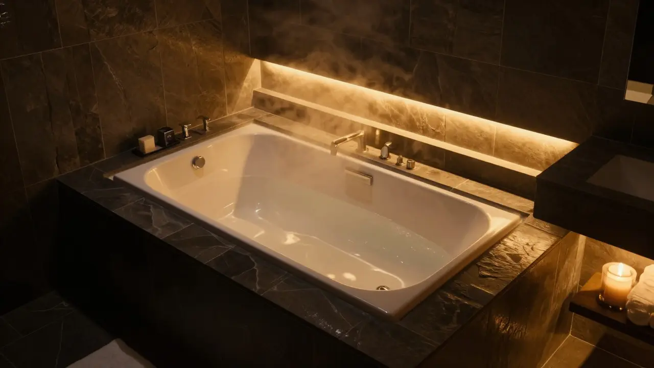 Wellness-Atmosphäre im Bad mit warmem, indirektem Licht durch LED-Streifen.