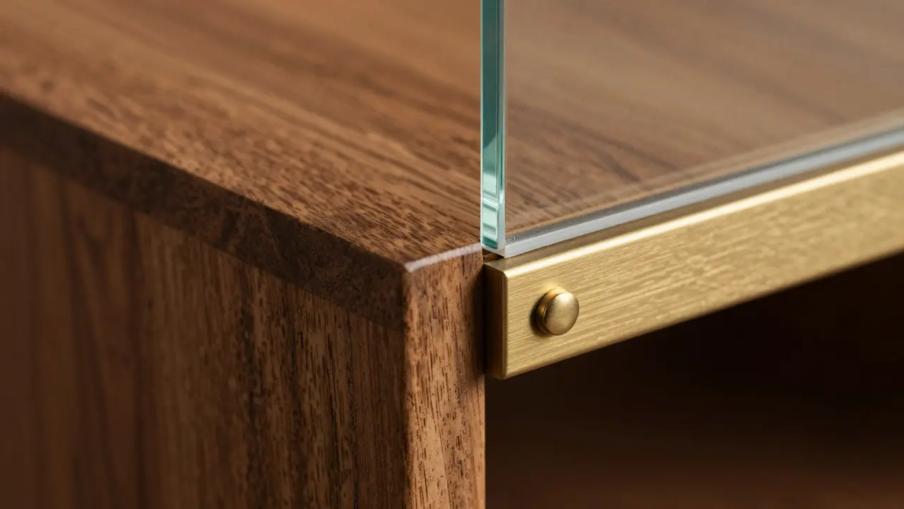 Detailaufnahme der Verbindung von Messing, Buche und Glas mit Silikonfuge