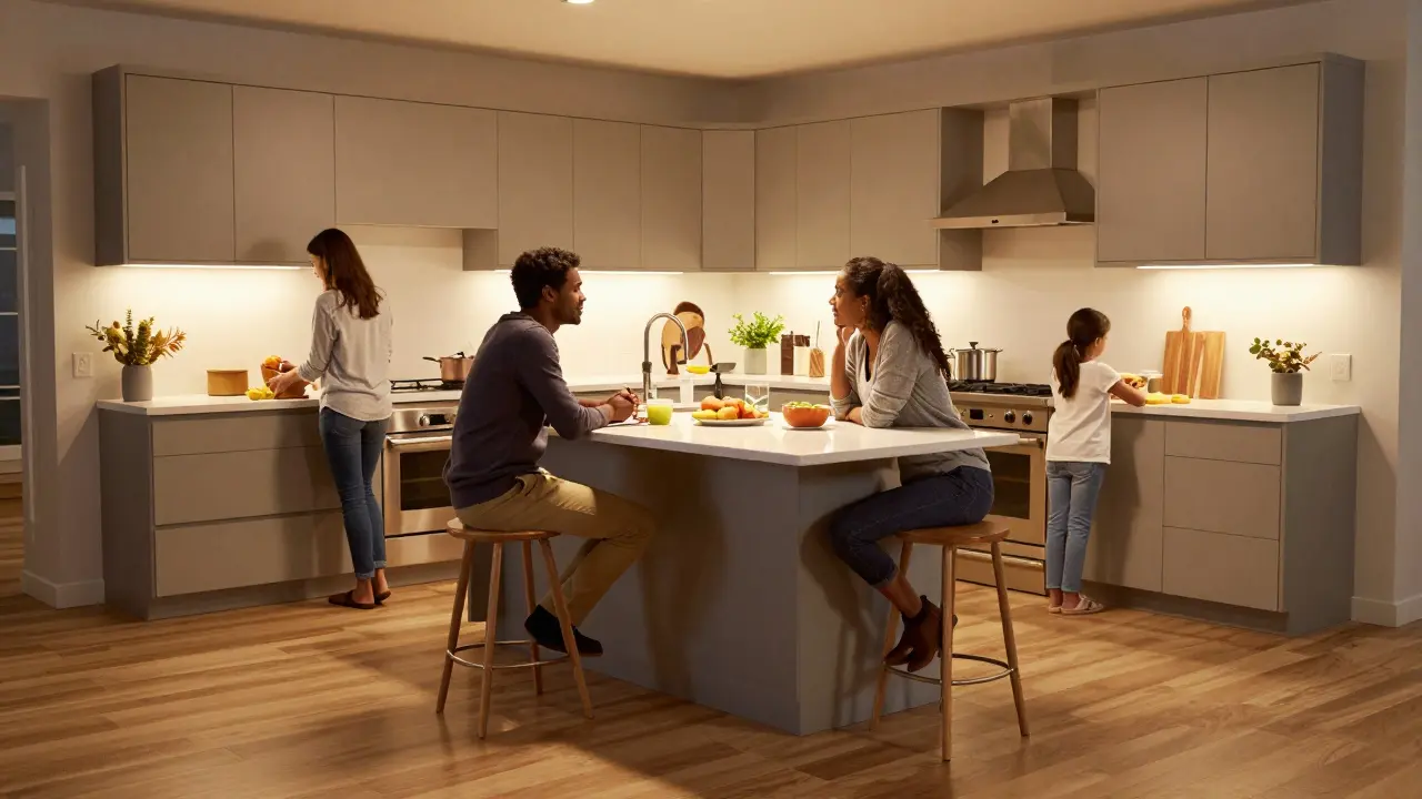 Familie nutzt die Kücheninsel zum Kochen und Sitzen