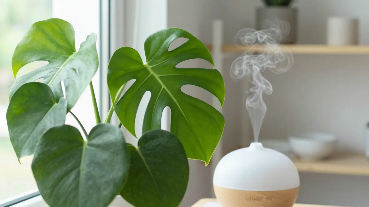 Frische Pflanzen und Ordnung im Wohnzimmer für klare Luft und Chi