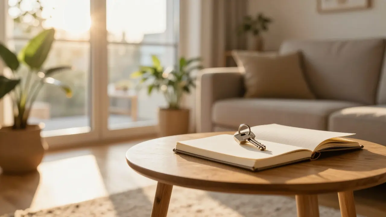 Gemütliches Wohnzimmer mit Hauschlüssel auf dem Tisch im warmen Sonnenlicht