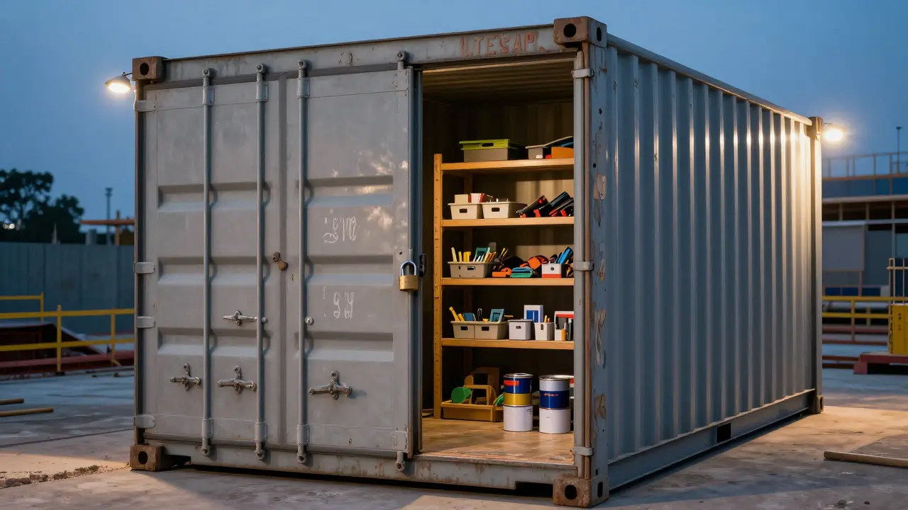 Geschlossener Lagercontainer mit Sicherheitsbeleuchtung auf einer Baustelle