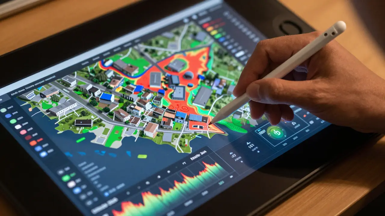 Hand bedient KI-Klimarisiko-Modell auf Touchscreen-Tisch