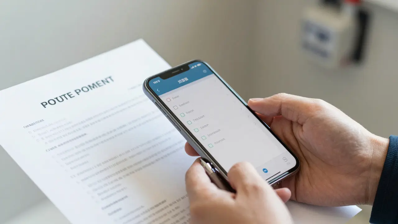 Hände halten Smartphone und Übergabeprotokoll zur digitalen Dokumentation.