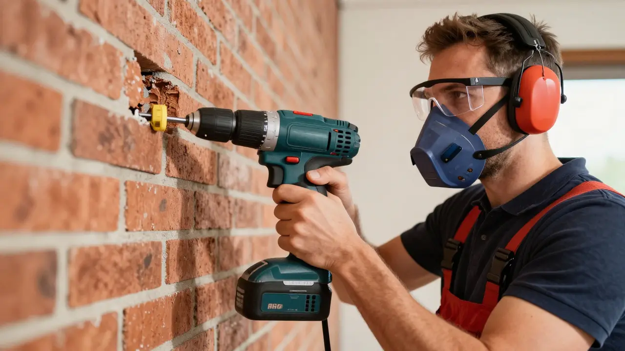 Handwerker bohrt sicher mit Schutzbrille und Staubmaske korrekt in Ziegelwand