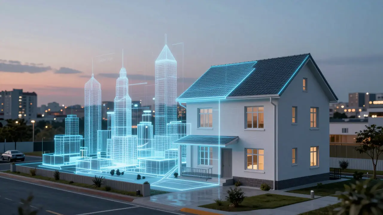 Holographische 3D-Projektion eines Hauses als digitaler Zwilling