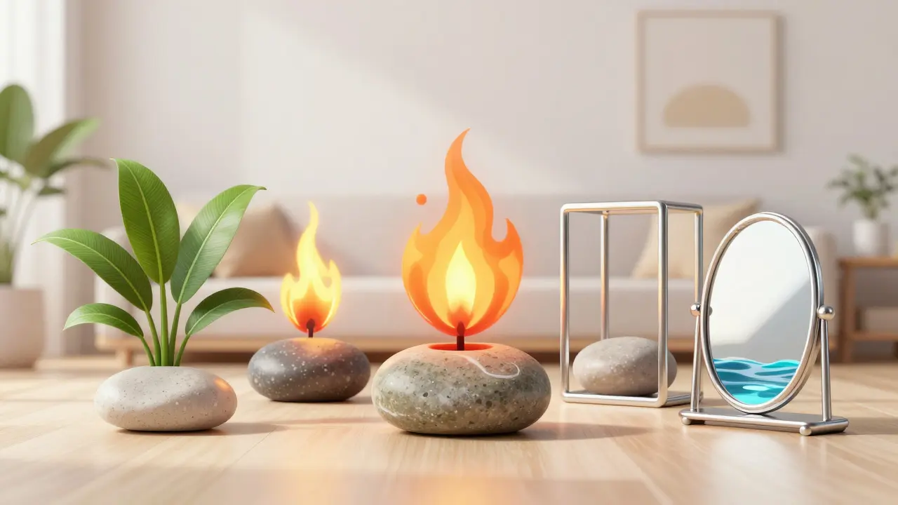 Künstlerische Darstellung der fünf Feng-Shui-Elemente im Raum
