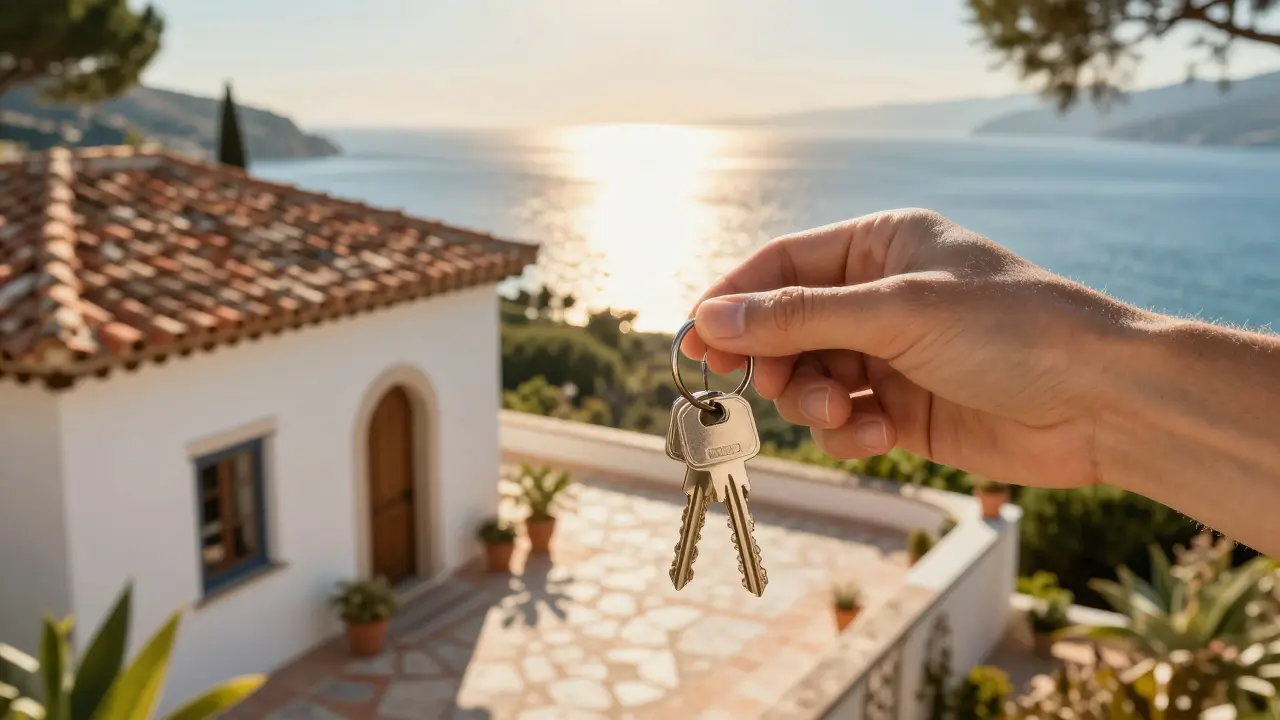 Mediterrane Villa am Meer mit Schlüsselübergabe bei Sonnenuntergang