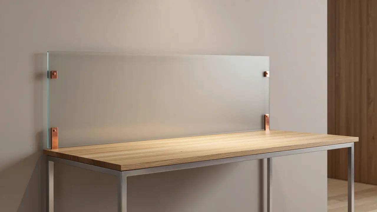 Modernes Homeoffice mit Eschreibtisch, Aluminiumgestell und Smart-Glaswand