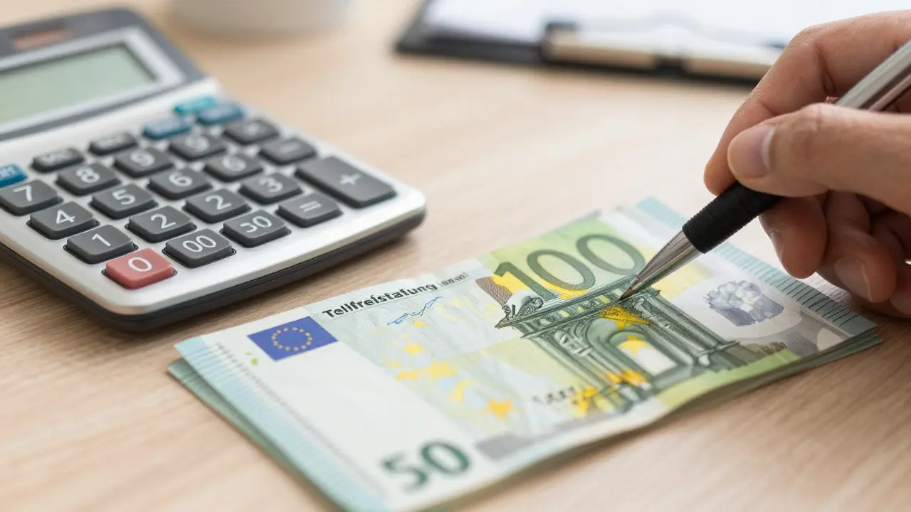 Nahaufnahme einer Hand mit Taschenrechner und Euro-Scheinen zur Steuerberechnung