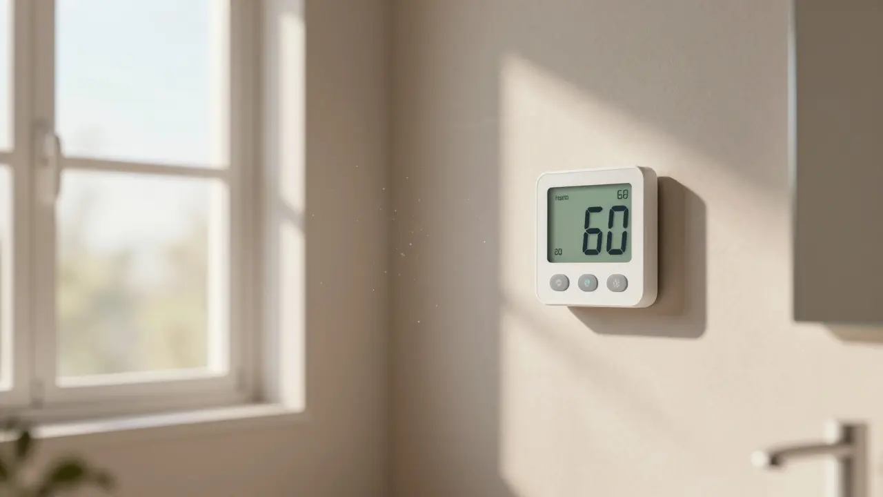 Sonnendurchflutetes, sauberes Badezimmer mit offenem Fenster und Hygometer zur Vorbeugung.