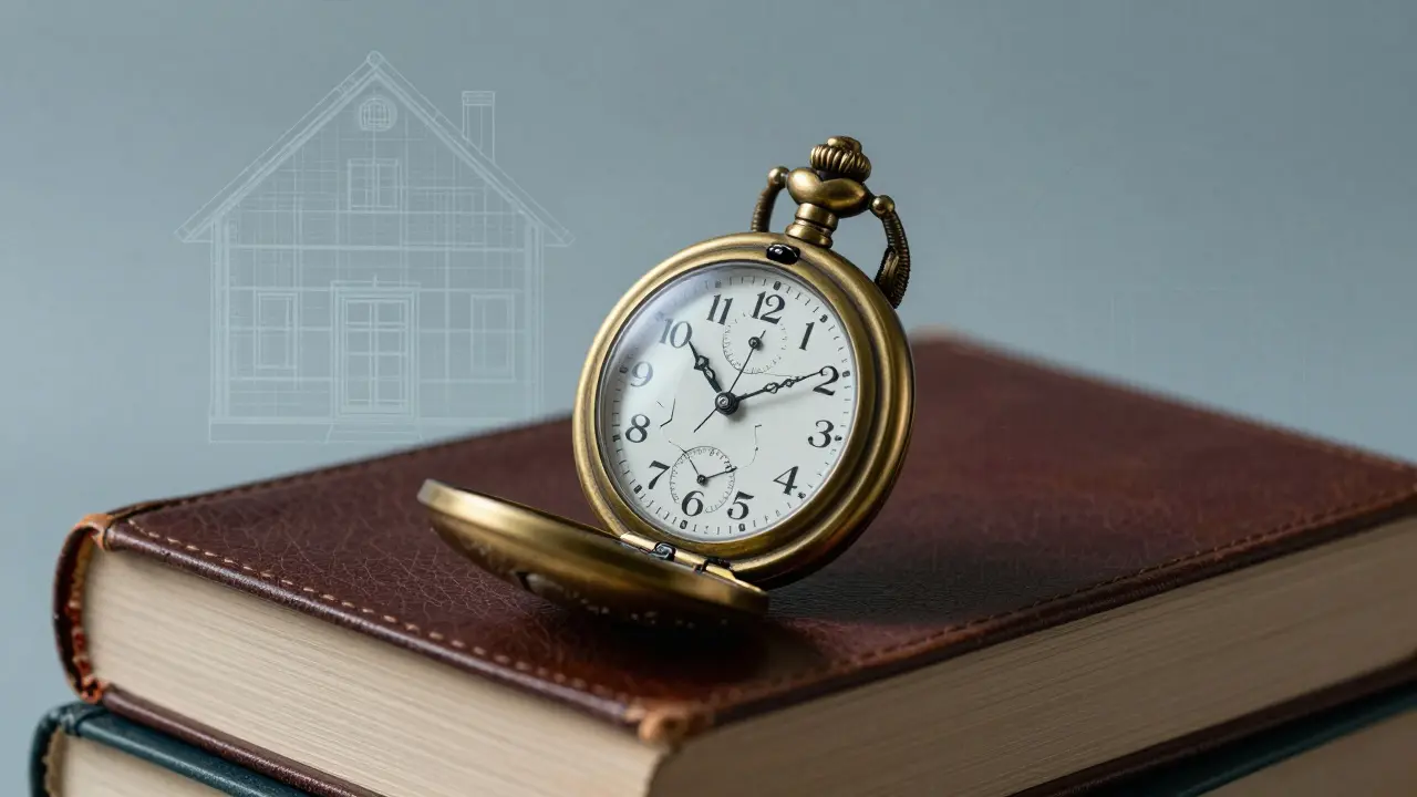 Alte Uhr auf Gesetzest Büchern symbolisiert Fristen