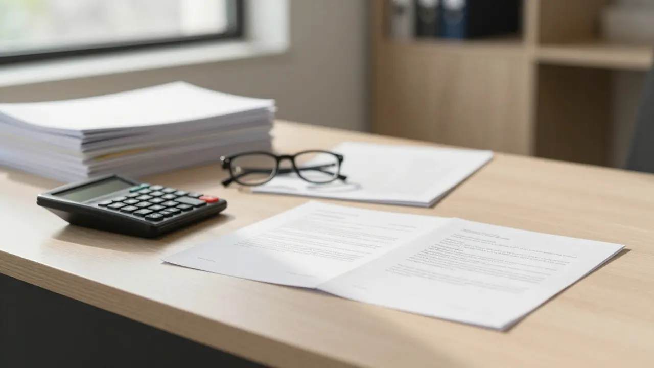 Bürotisch mit Vertrag und Rechner zur Steuerplanung