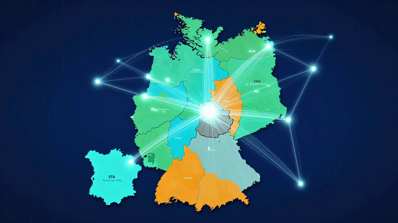 Digitale Karte Deutschlands zeigt verbundene Bundesländer und isolierte Regionen