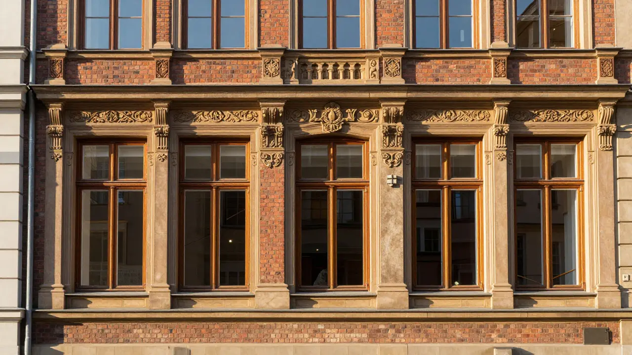 Fassade eines denkmalgeschützten Gebäudes mit restaurierten Holzfenstern