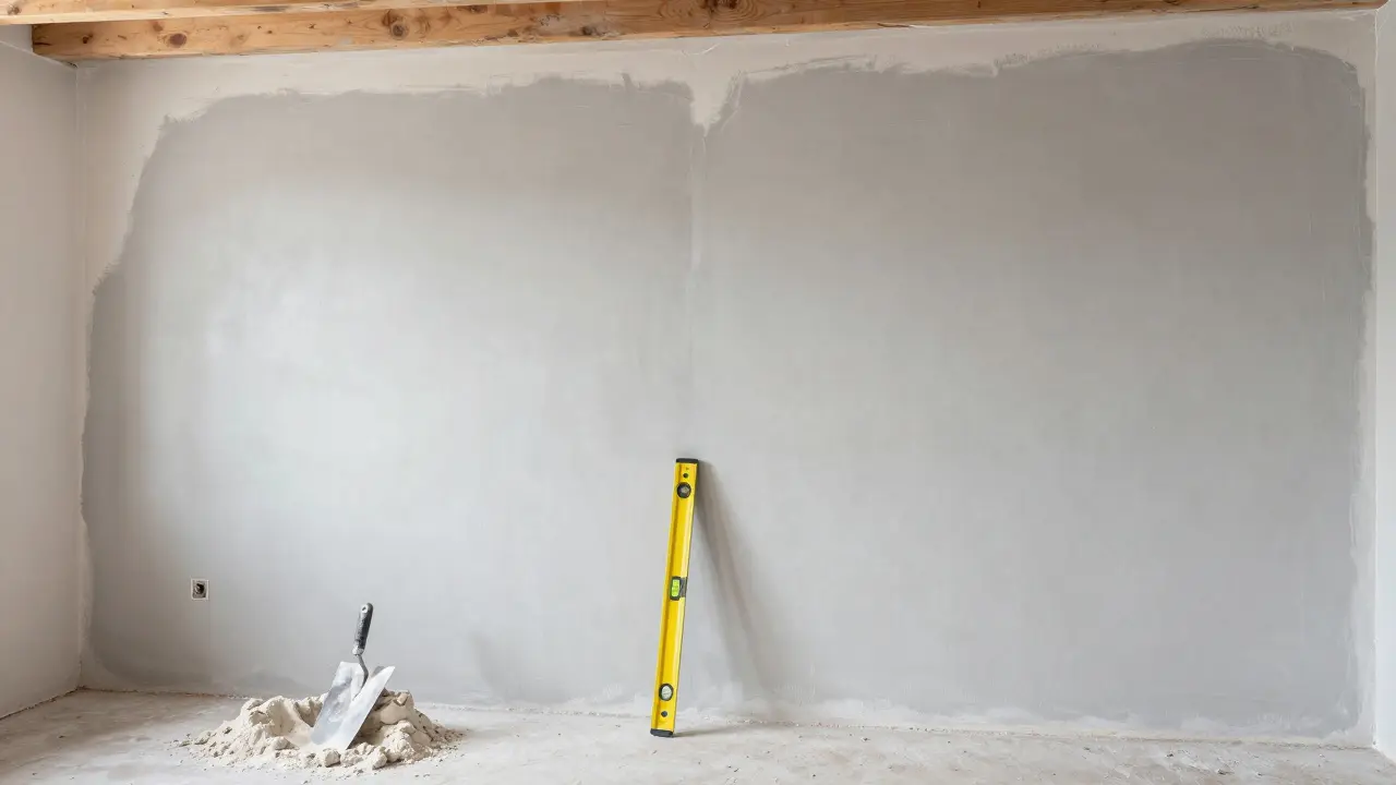 Frisch verputzte Kellerwand mit Werkzeugen nach der Sanierung