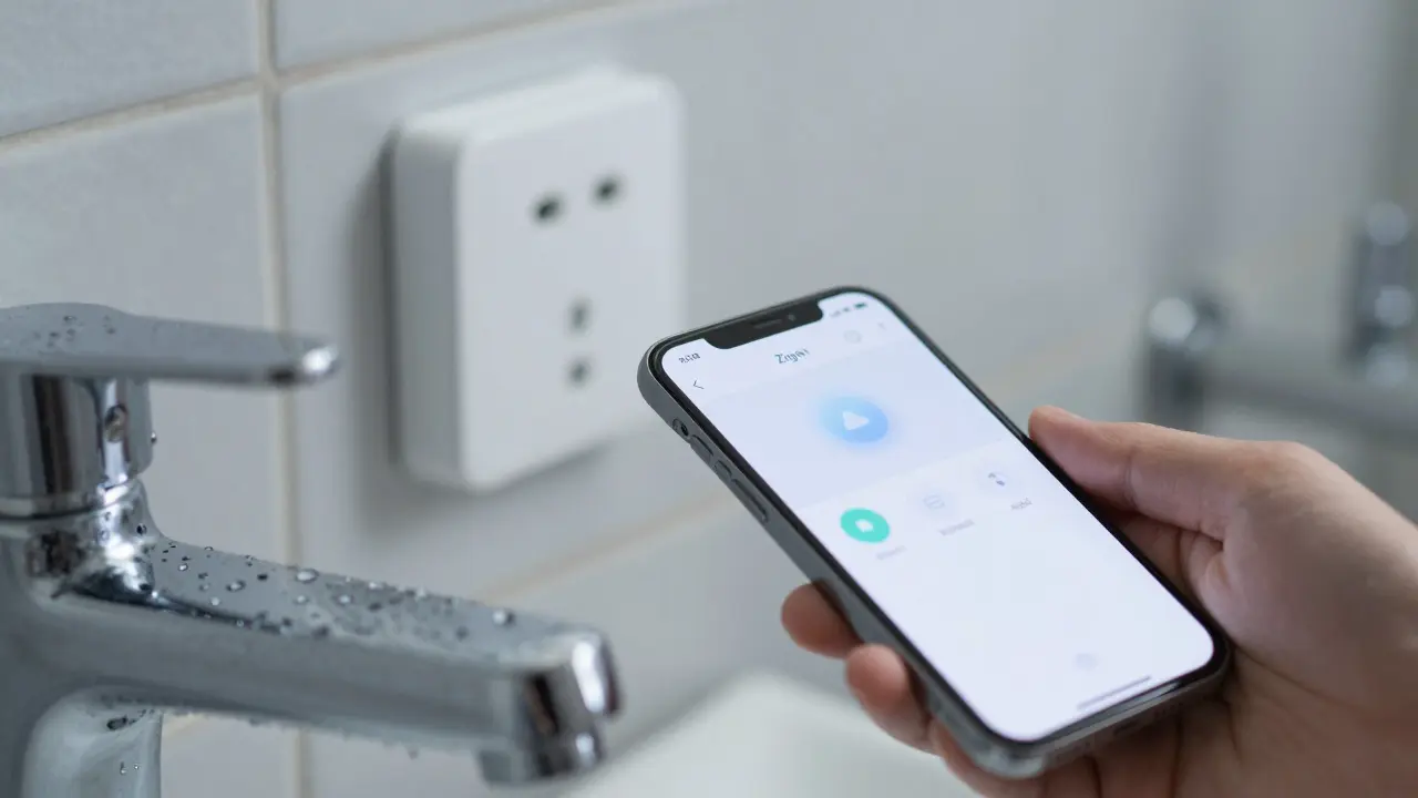 Hand mit Smartphone neben Badezimmersensor, Fokus auf Technikintegration