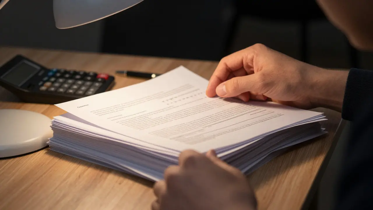 Hände studieren Gutachten und Rechner bei der Immobilienprüfung