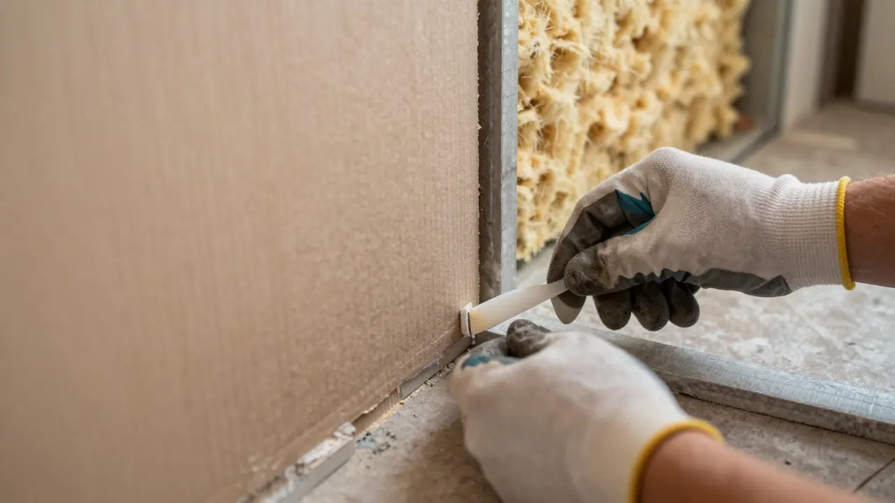 Handwerker versiegelt Fugen bei der Wand-Schallschutzinstallation
