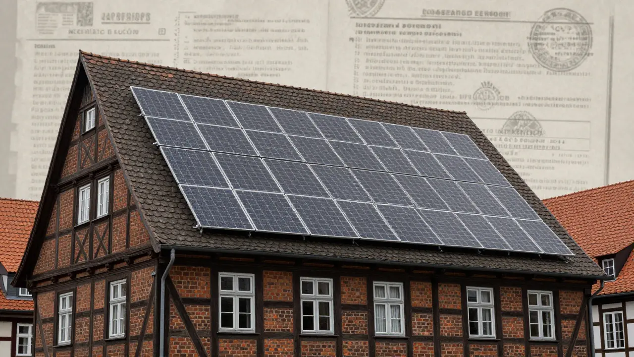 Historisches Gebäude mit ästhetisch integrierten dunklen Solardachziegeln