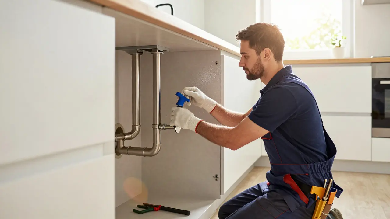 Installateur installiert neue Wasserrohre in der Küche