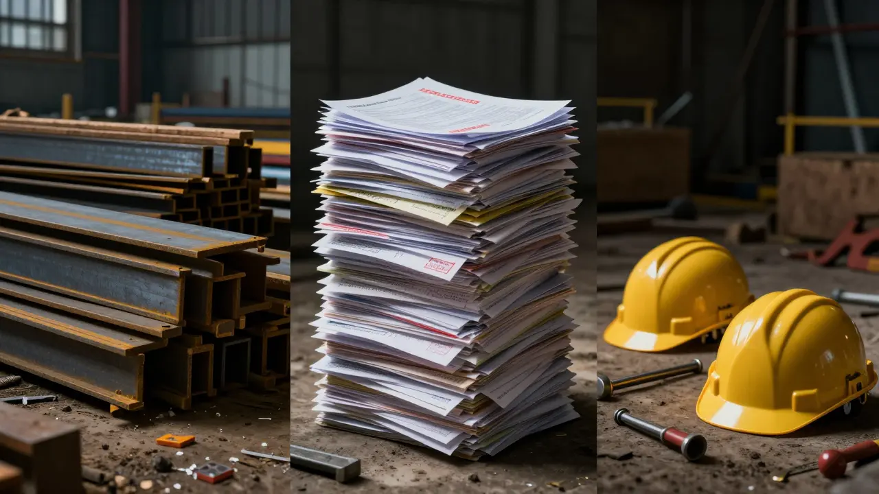 Konzeptbild mit Baumaterialien, Bürokratie und Arbeitsmangel