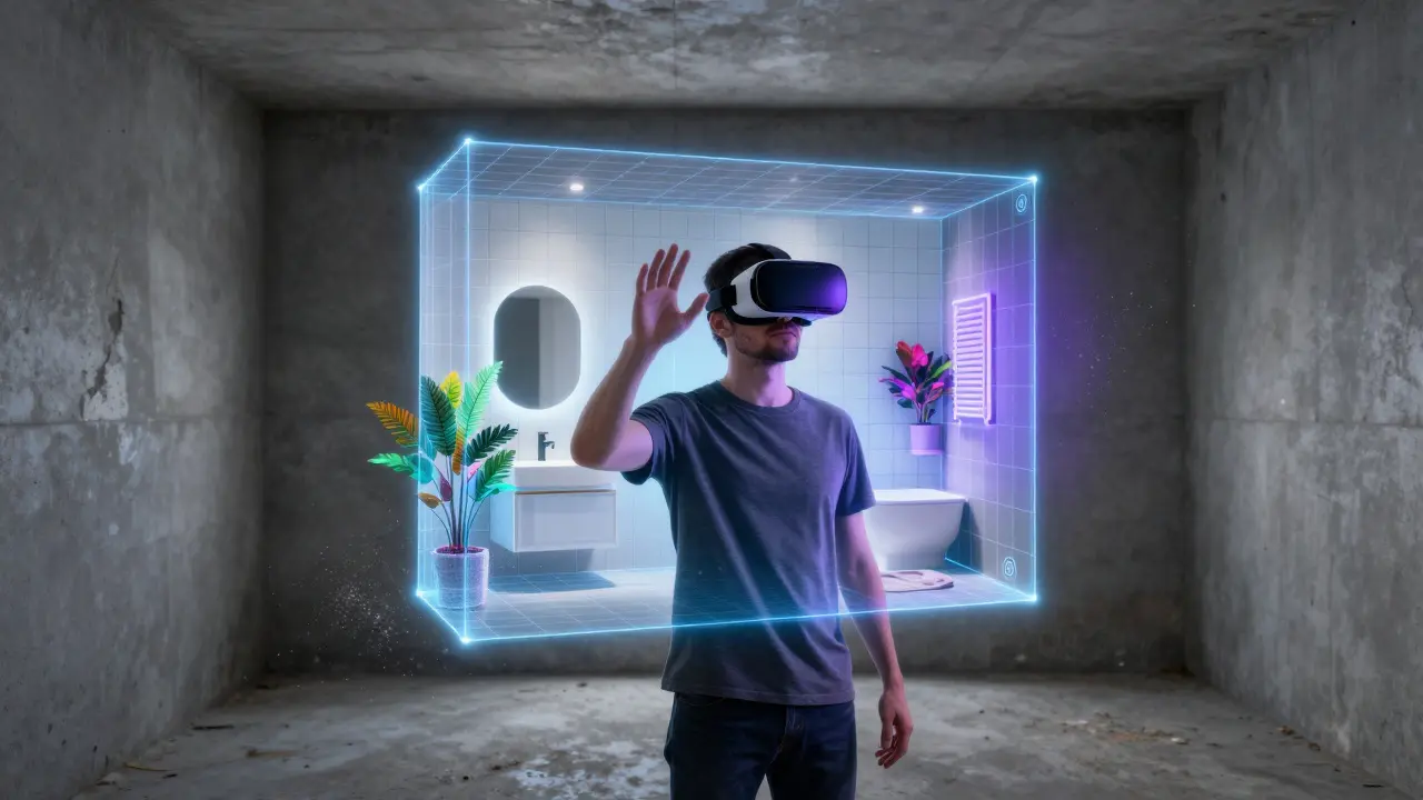 Person mit VR-Brille sieht holografische Projektion eines neuen Badezimmers