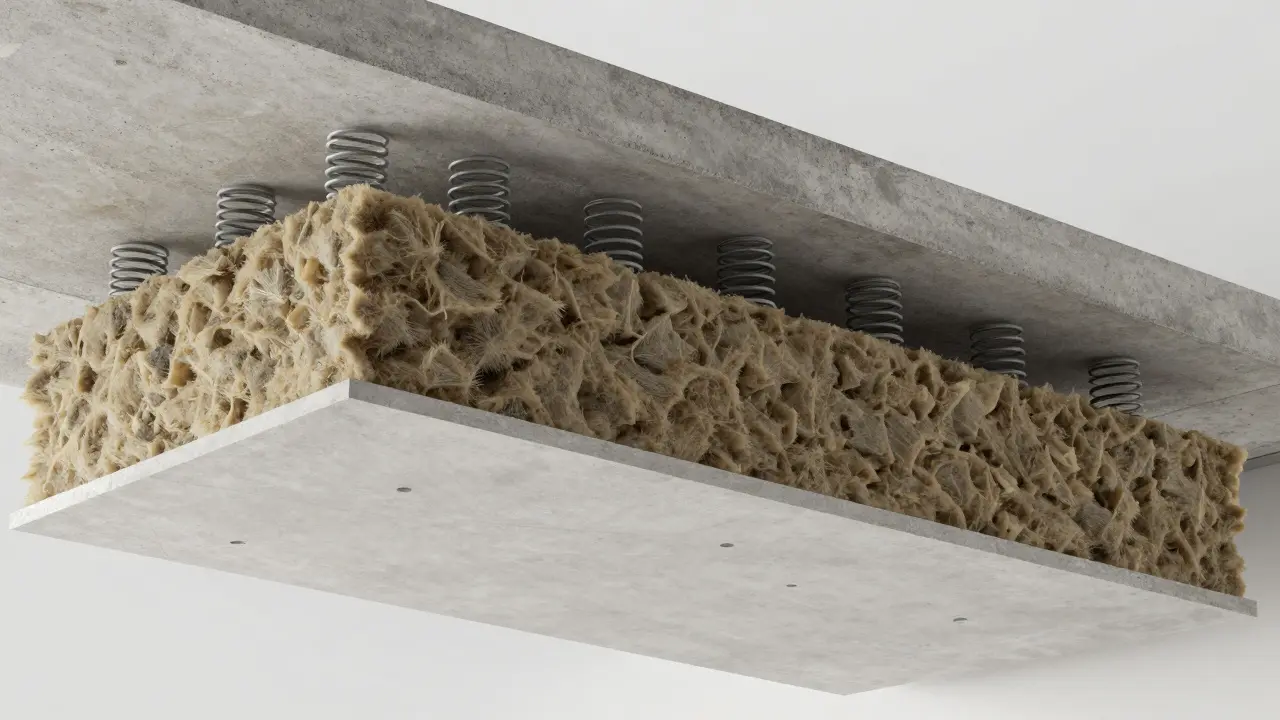 Querschnitt einer schallgedämmten Zwischendecke mit Steinwolle