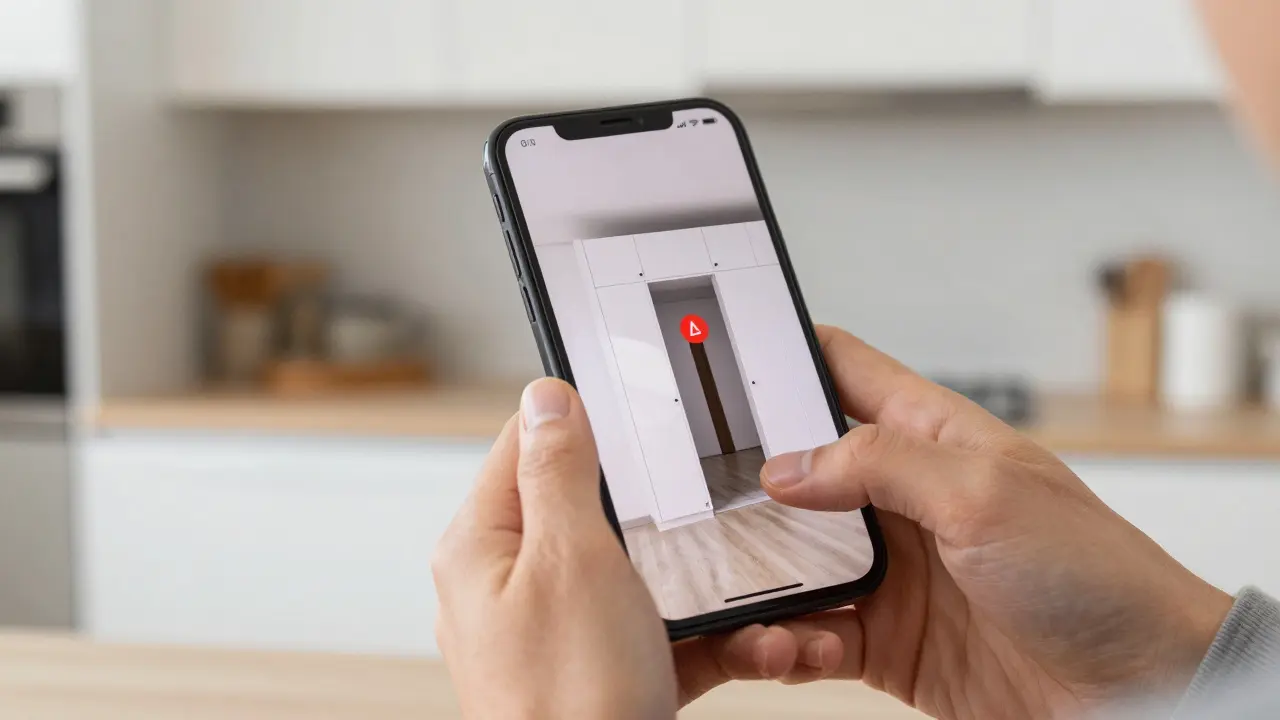 Smartphone mit AR-Anzeige warnt vor blockiertem Durchgang bei Küchenplanung