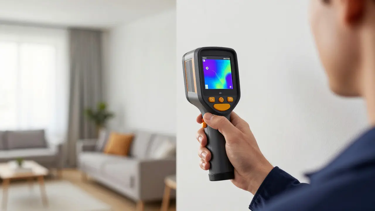 Techniker prüft eine Wand mit einer Wärmebildkamera auf Kältebrücken