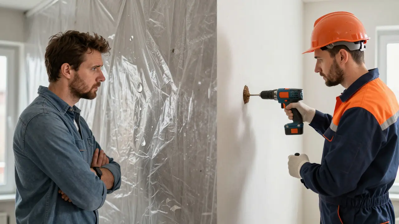 Vergleich von Kondensat-Test mit Folie und professioneller Bohrprobe an einer Kellerwand.