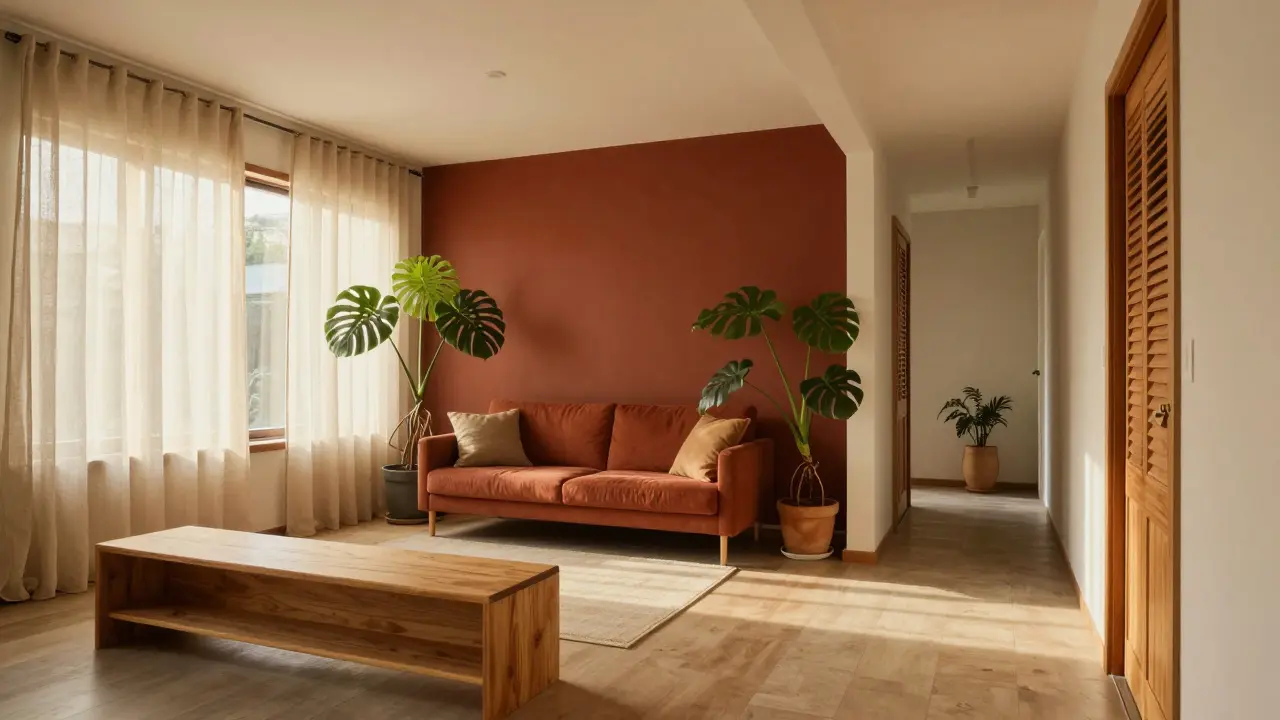 Wohnzimmer mit Akzentwand und Pflanzen