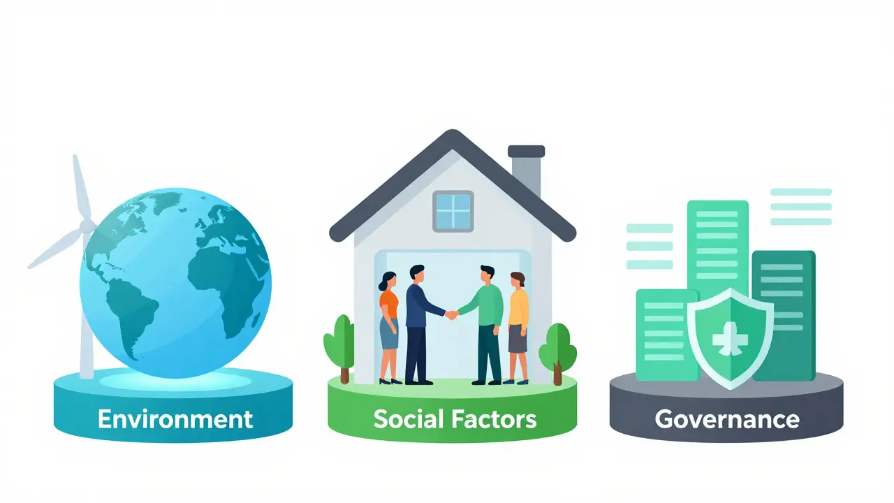 Abstrakte Darstellung der drei ESG-Säulen: Umwelt, Soziales und Governance